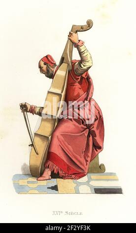Portrait of the Italian painter Titian at age 86, 1488-1576. In Venetian costume of crimson silk hat and robe playing a double bass. Costume Venitien, Tiziano Vecelli. After a painting The Marriage at Cana by Paul Veronese. Handcolored lithograph after an illustration by Edmond Lechevallier-Chevignard from Georges Duplessis's Costumes historiques des XVIe, XVIIe et XVIIIe siecles (Historical costumes of the 16th, 17th and 18th centuries), Paris, 1867. Edmond Lechevallier-Chevignard was an artist, book illustrator, and interior designer. Stock Photo