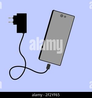 A modern smartphone and a wired charger for it. Stock Vector