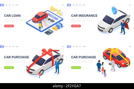 Set of concept banners for auto insurance, car loan and car purchase. Flat vector isometric illustration. Stock Vector