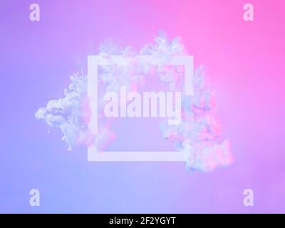 Creative abstract neon background with copy space. White square frame and clouds made from white paint in blue or violet and pink light. Fluid cloud creative composition. Trendy minimal frame concept Stock Photo