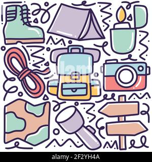 doodle set of camp tools hand drawing Stock Vector