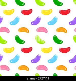 Jelly beans gummy sweet candies seamless pattern with amazing flavor flat style design vector illustration. Bright colorful jelly delicious sweets can Stock Vector