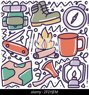 doodle set of camp tools hand drawing Stock Vector