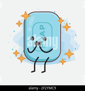 Vector Illustration of Soap Character with cute face, simple hands and leg line art on Isolated Background. Flat cartoon doodle style. Stock Vector
