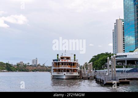 Brisbane, Queensland, Australia - March 2021: Showboat cruise docked at river wharf Stock Photo
