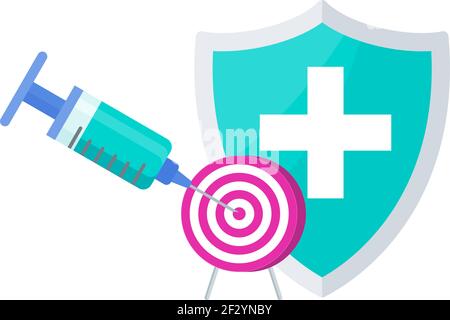 Syringe with dose of vaccine hits the center of the target. Stock Vector