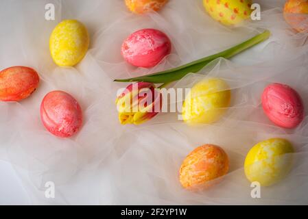 Hand painted pastel colored Easter eggs with fresh tulip flowers in bloom on white silky fabric closeup Stock Photo