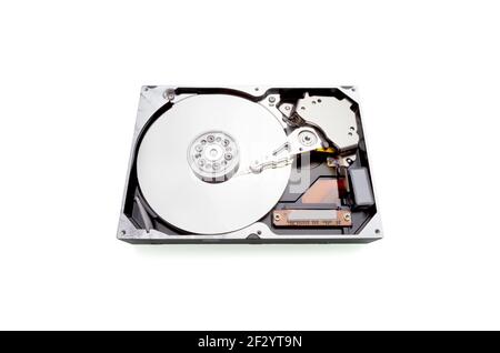 Computer opened Hard drive isolated on white Stock Photo