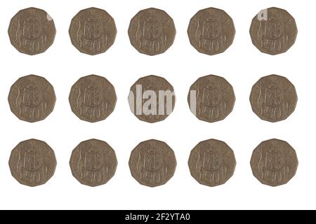 rows and rows of Australian 50 cent coins isolated on white Stock Photo