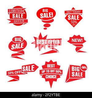 set of different flat red advertising and promotion badges, stickers and tags Stock Vector
