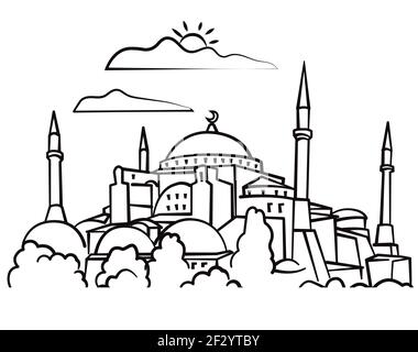 Outline black Illustration of the mosque in Turkey, Istanbul. Stock Vector