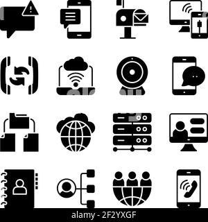 Pack of Communication and Network Technology Solid Icons Stock Vector
