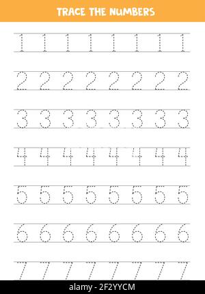 Trace numbers 1-7. Handwriting practice for preschool kids. Stock Vector