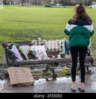London UK 14 March 2021 ,After last night vigil ,that finished with arrests ,people continue to bring floats tribute to the bandstand in Clapham Common. Paul Quezada-Neiman, Alamy Live  News Stock Photo