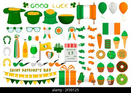 Illustration Irish holiday St Patrick day, gold coins in pot. Big set Irish St Patrick day consisting of pot of gold coins, green hats, much more. Pot Stock Vector