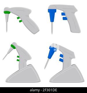 Illustration on theme big kit different medical pipette, dropper for laboratory. Pattern dropper consisting of many laboratory medical pipette on back Stock Vector