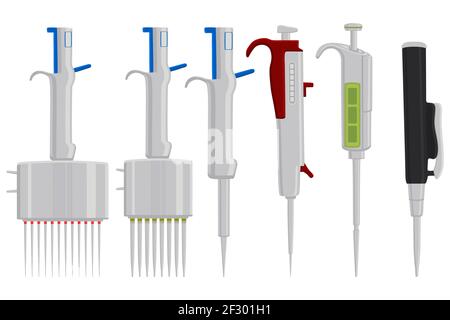 Illustration on theme big kit different medical pipette, dropper for laboratory. Pattern dropper consisting of many laboratory medical pipette on back Stock Vector