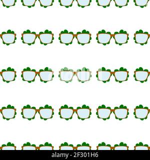 Illustration on theme Irish holiday St Patrick day, seamless eyeglasses. Pattern St Patrick day consisting of many identical eyeglasses on white backg Stock Vector
