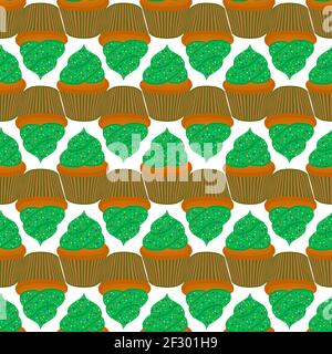 Illustration on theme Irish holiday St Patrick day, seamless green muffins. Pattern St Patrick day consisting of many identical muffins on white backg Stock Vector