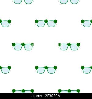 Illustration on theme Irish holiday St Patrick day, seamless eyeglasses. Pattern St Patrick day consisting of many identical eyeglasses on white backg Stock Vector