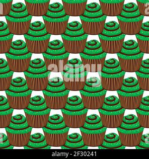 Illustration on theme Irish holiday St Patrick day, seamless green muffins. Pattern St Patrick day consisting of many identical muffins on white backg Stock Vector