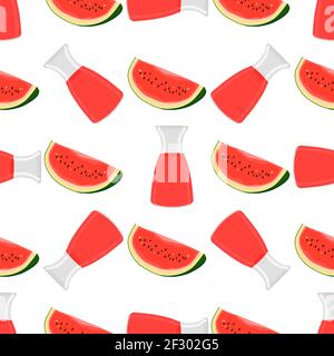 Illustration on theme colored lemonade in watermelon jug for natural drink. Lemonade pattern consisting of kitchen accessory, watermelon jug to organi Stock Vector