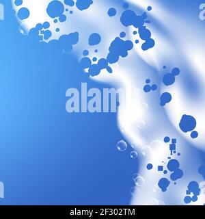 Beautiful blue background with realistic Soap foam with bubbles. Shampoo bubbles texture. Shiny washing hygiene detergent. Empty place for your text Stock Vector