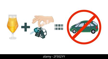 No drink and drive concept.Alcohol in glass,hand with car key and red circle stop sign with car isolated on white background.Stock vector illustration Stock Vector