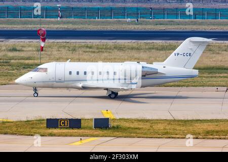 Beijing, China - October 2, 2019: Bombardier CL-600-2B16 Challenger 604 airplane at Beijing Capital Airport (PEK) in China. Stock Photo