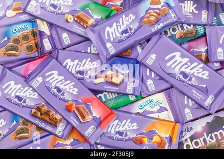 Stuttgart, Germany - March 3, 2021: Milka chocolate chocolates different types variety background in Germany. Stock Photo