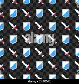 Game pixel icons, shield and sword, color vector seamless pattern background Stock Vector