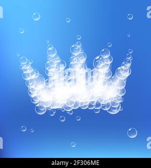 Crown of soap foam with bubbles isolated on blue background. Sparkling shampoo and bath lather vector illustration. Stock Vector