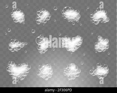 Pieces of soap foam with bubbles isolated on checkered transparent background. Sparkling shampoo and bath lather vector illustration. Stock Vector