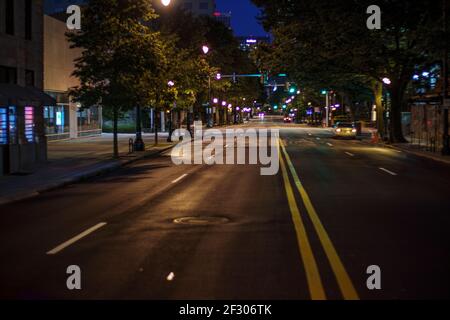 Atlanta, Ga USA - 06 14 20: Atlanta empty streets at night downtown blurred background Stock Photo
