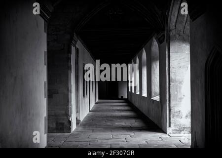 Light shining through arched windows to corridor or cloister in old building, casting dark shadows on stone floor. Moody black and white monochrome Stock Photo