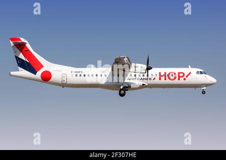 Paris, France - August 16, 2018: Hop ATR 72 airplane at Paris Orly airport (ORY) in France. Stock Photo