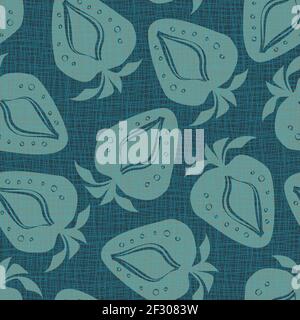 Linocut print strawberries linen vector seamless pattern background.Soft fruit motifs blended onto Hessian fiber texture.Teal blue backdrop.Woven Stock Vector