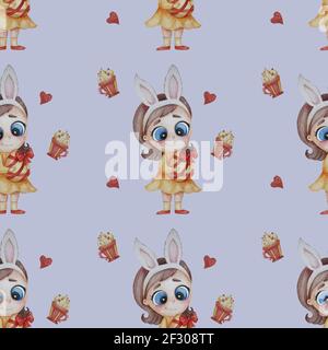 Seamless patterns. Easter pattern. Cute girl with bunny ears on her head and hairdo, in a yellow dress and with an Easter egg in her hand on a light g Stock Photo