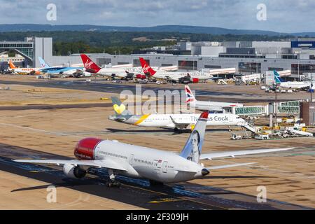 London, United Kingdom - July 31, 2018: Norwegian Boeing 787 airplane at London Gatwick airport (LGW) in the United Kingdom. Boeing is an American air Stock Photo