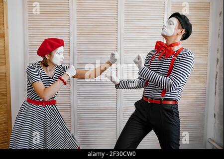 Two clowns, mime artists, boxing parody, comedy Stock Photo