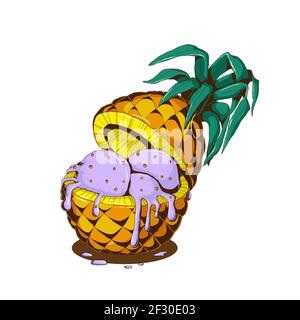 Hand drawn violet ice cream  with berry and pineapple in sliced yellow pineapple with leabes and milk cream in comix style. Colorful vector of ice cre Stock Vector