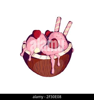 Hand drawn pink ice cream with strawberry in coconut with milk cream and sliced strawberry in comix style. Colorful vector illustration of ice cream s Stock Vector