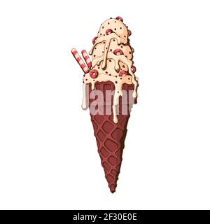 Vanilla ice cream sundae wafer cone with corn rings and caramele and milk cream.  Hand drawn vector illustration isolated on white background. Ice cre Stock Vector