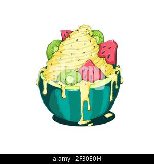 Hand drawn vanilla ice cream with kiwi and watermelon in sliced watermelon with milk cream in comix. Colorful vector illustration of ice cream sundae Stock Vector