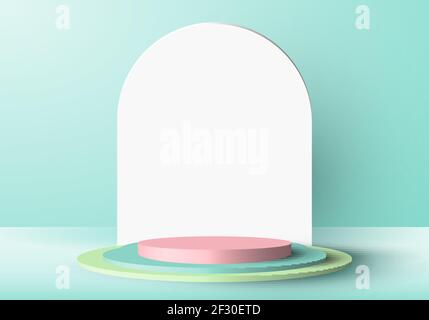 3D minimal scene green and pink cylinder podium in green mint background with rounded rectangle backdrop. Display show cosmetic product, showcase, sho Stock Vector
