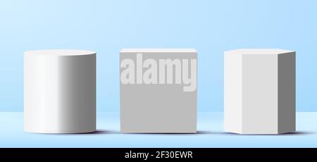 Set of 3D realistic blank white podiums pedestal stands in light blue stage platform. You can use for showcase, exhibition, product, etc. Vector illus Stock Vector