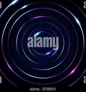 Abstract blue and pink fluorescent circles lines with glowing neon lights on black background. Vector illustration Stock Vector
