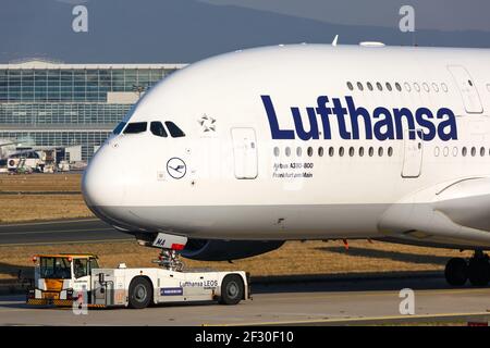 Frankfurt, Germany - October 16, 2018: Lufthansa Airbus A380 airplane at Frankfurt airport (FRA) in Germany. Stock Photo