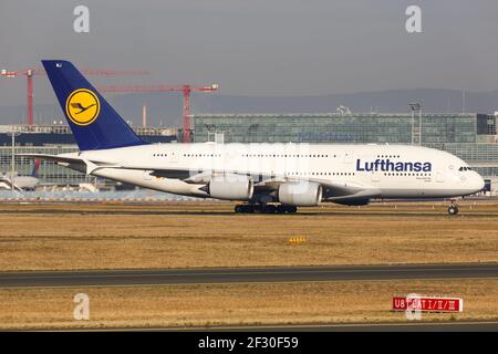 Frankfurt, Germany - October 16, 2018: Lufthansa Airbus A380 airplane at Frankfurt airport (FRA) in Germany. Stock Photo
