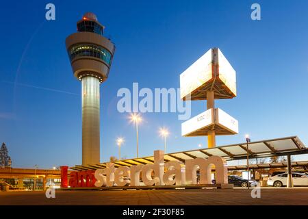 Amsterdam, Netherlands - November 22, 2017: Tower at Amsterdam Schiphol Airport (AMS) in the Netherlands. Stock Photo